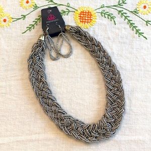 NWT Paparazzi Fashion Jewelry Set Silver Bead Braided Necklace And Earrings